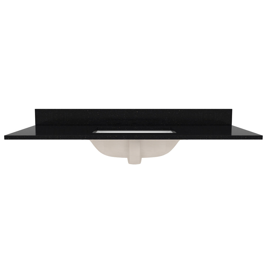 Black quartz vanity top with a matching backsplash and center rectangular cutout revealing an underslung white ceramic sink, shown as a modern single-sink bathroom vanity countertop.