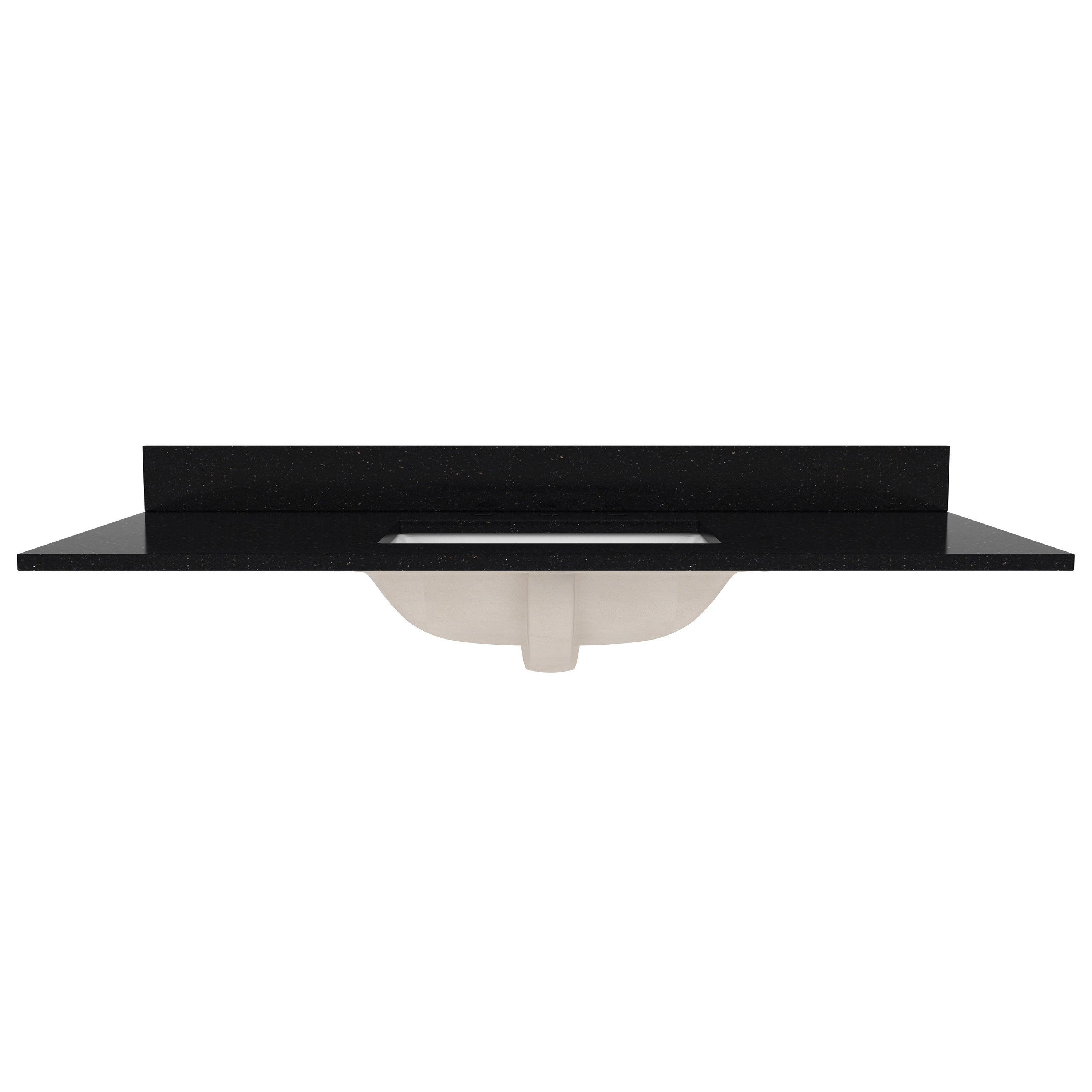 Black quartz vanity top with a matching backsplash and center rectangular cutout revealing an underslung white ceramic sink, shown as a modern single-sink bathroom vanity countertop.