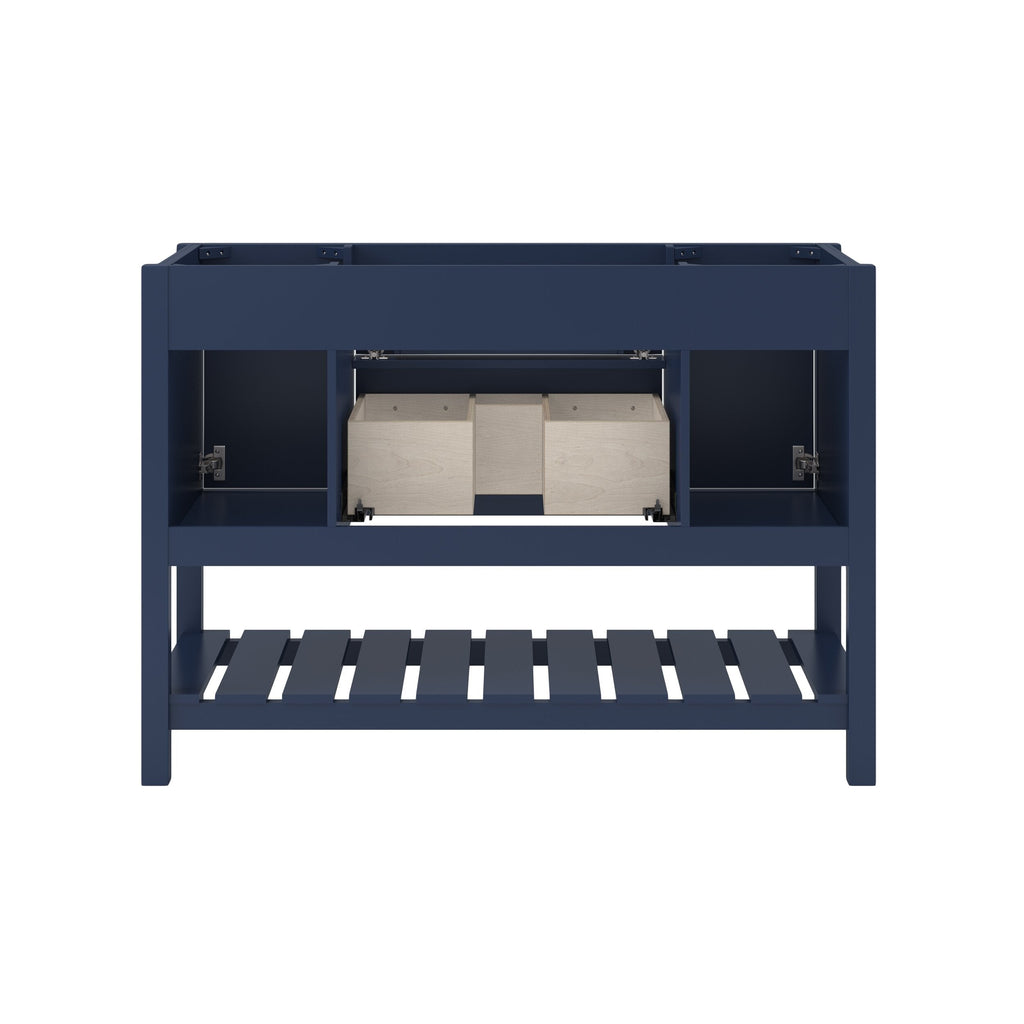Modern 49-inch solid wood bathroom vanity base in black with an open slatted lower shelf, two side cubbies and a central pull-out drawer assembly, shown without countertop or sink.