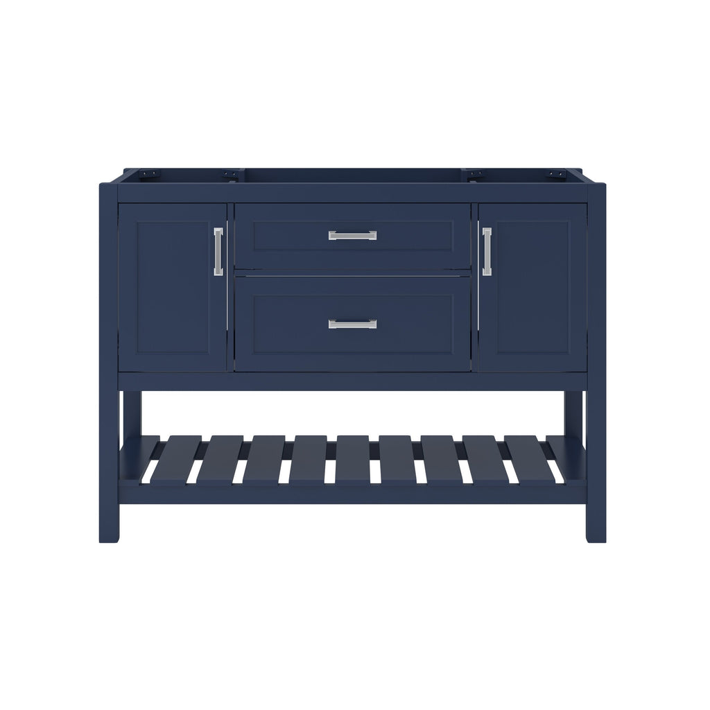 49-inch modern solid wood single-sink bathroom vanity in black with silver rectangular handles, two center drawers, two side cabinet doors, slatted open lower shelf and space for a black quartz countertop.