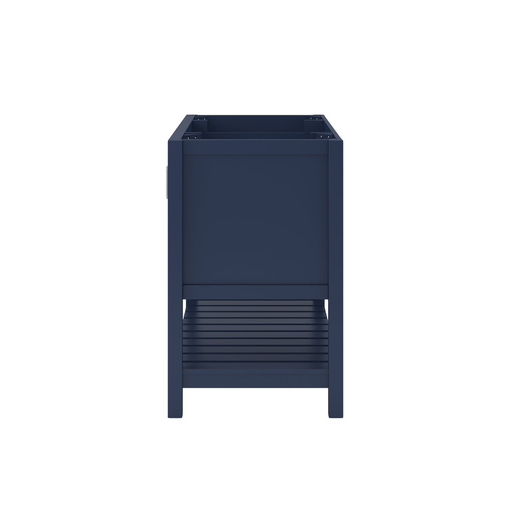 Side view of a 49-inch modern solid wood single-sink bathroom vanity in black with an open top for a quartz countertop, straight legs and a slatted lower shelf for storage.