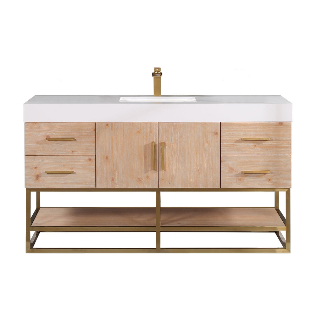 Modern 60-inch single-sink bathroom vanity in light natural wood with a white composite stone top, rectangular undermount sink, brass-finish faucet and handles, and an open brass metal base with lower wood shelf.