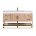 Modern 60-inch single-sink bathroom vanity in light natural wood with a white composite stone top, rectangular undermount sink, brass-finish faucet and handles, and an open brass metal base with lower wood shelf.