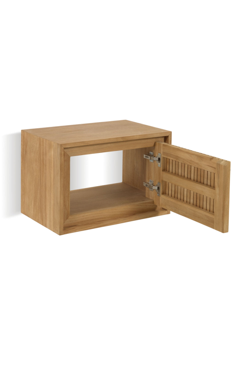 Modern natural solid wood 24-inch floating bathroom vanity in a stone tone, shown with the single slatted door open to reveal an open storage compartment and visible metal hinges.