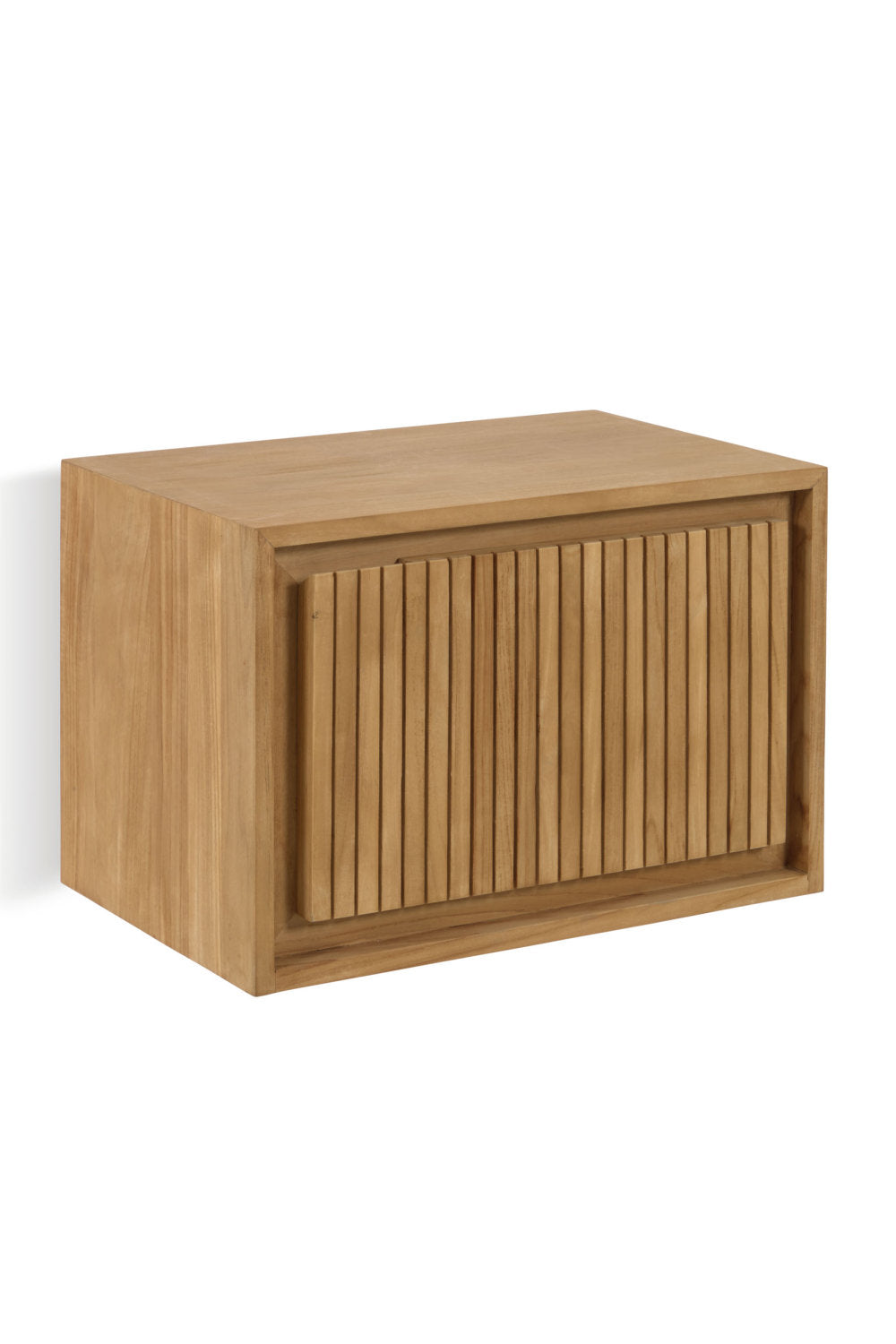 24-inch solid wood bathroom vanity in a natural stone-toned finish with a recessed frame and vertical slatted front door, modern minimalist design suitable for small bathrooms.