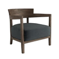 Modern lounge chair with solid teak frame and dark gray fabric upholstery, featuring open wooden arms, a low curved back, and a thick cushioned seat.