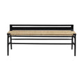 Modern bench with a mahogany blackwash frame and natural woven rope seat, featuring a low slotted backrest, tapered legs and double stretchers for support.