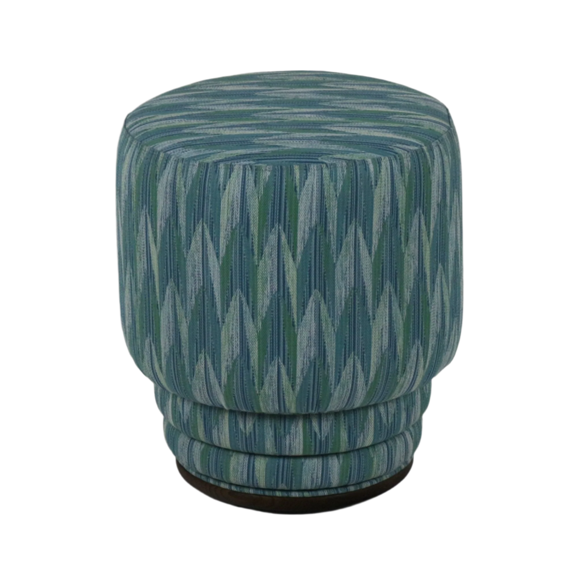 Round modern ottoman upholstered in blue-green performance fabric with vertical chevron-like stripes, layered rounded skirt and a low wooden base.