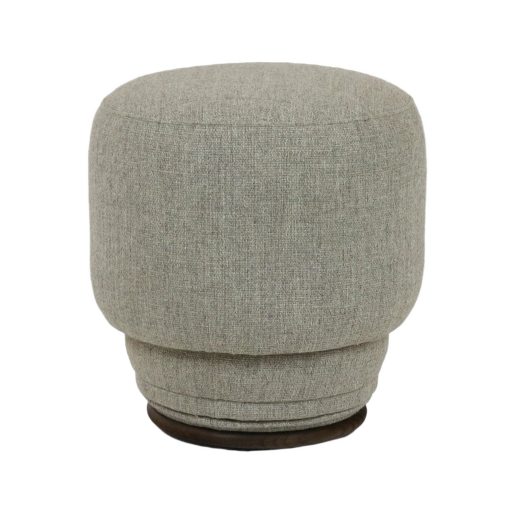 Round modern ottoman upholstered in light gray outdoor fabric with a softly rounded silhouette and a low dark wooden base.