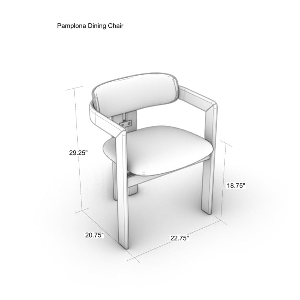 Isometric line drawing of a modern fabric-upholstered dining chair with a natural wood frame and arms, shown with dimensional callouts: 29.25" H, 18.75" seat height, 22.75" W, 20.75" D.
