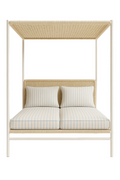 Front view of a modern outdoor daybed with an aluminum four-post frame in a natural off-white finish, woven beige canopy and headboard, and two fabric seat cushions and back pillows in light blue-and-white vertical stripes.