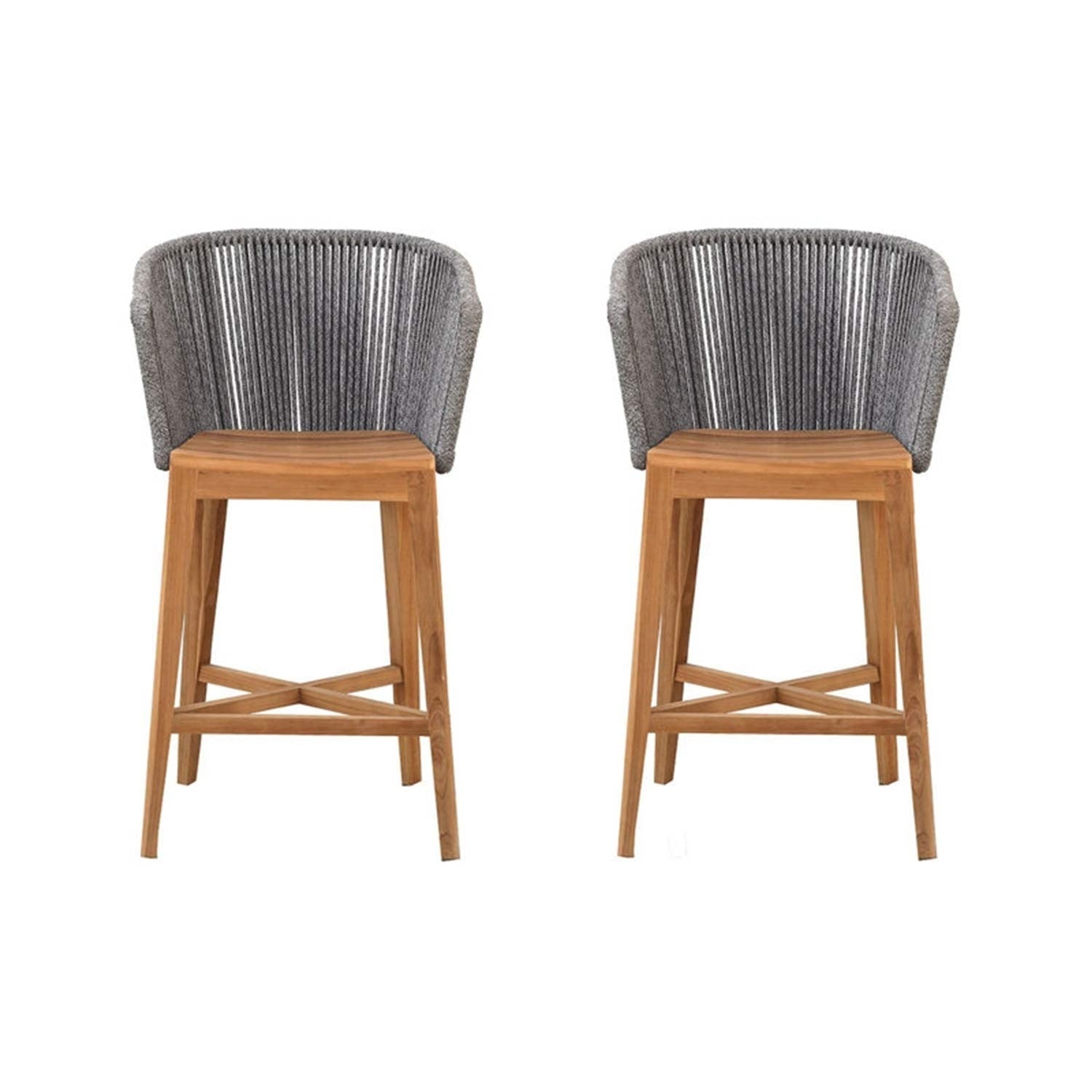 Two natural teak outdoor bar stools with curved grey woven rope backs, flat teak seats and tapered legs connected by an X-shaped footrest, shown as a pair for coastal contemporary kitchen or patio seating.