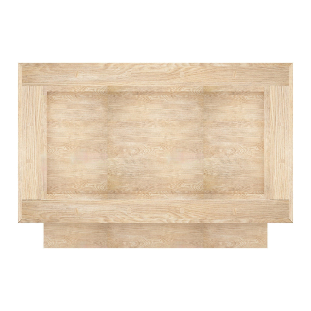 Top-down view of a modern nightstand’s light natural wood top showing a recessed central panel, mitered frame edges, and subtle oak grain texture.
