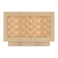 Front view of a nightstand drawer featuring a woven checkerboard pattern of light natural wood squares, set inside a wider natural wood frame and sitting on a low plinth base in a modern minimalist style.
