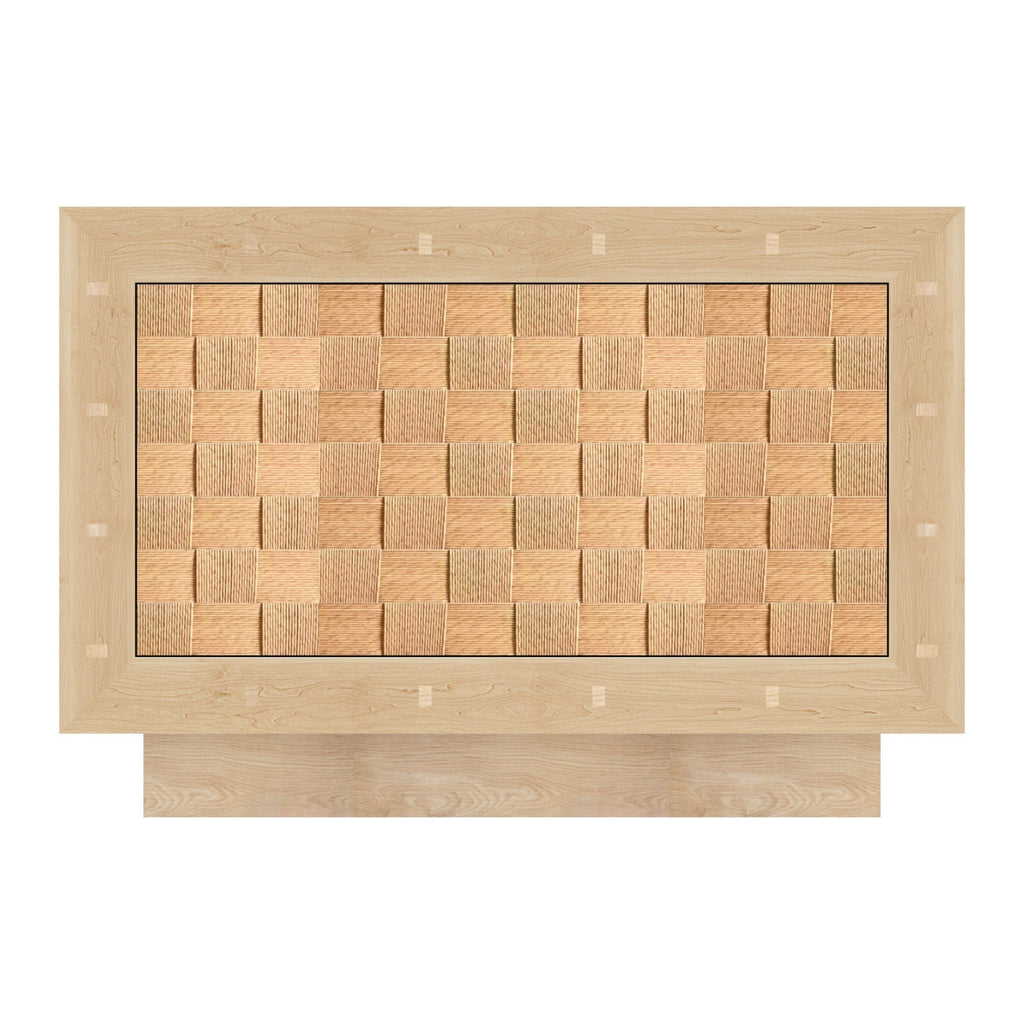 Front view of a nightstand drawer featuring a woven checkerboard pattern of light natural wood squares, set inside a wider natural wood frame and sitting on a low plinth base in a modern minimalist style.