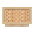 Front view of a nightstand drawer featuring a woven checkerboard pattern of light natural wood squares, set inside a wider natural wood frame and sitting on a low plinth base in a modern minimalist style.
