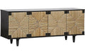 Long coastal sideboard with a dark solid wood frame and four woven seagrass cabinet doors featuring a geometric starburst pattern, raised on tapered legs in natural and black finishes.