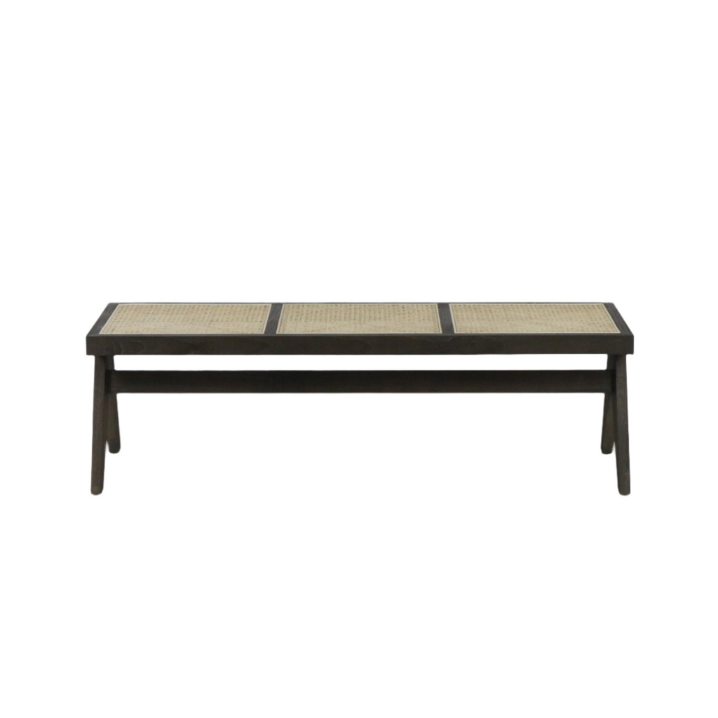 Backless modern bench with a dark-stained solid wood frame and three rectangular woven natural cane seat panels separated by wood rails, supported by angled legs for dining or entryway use.