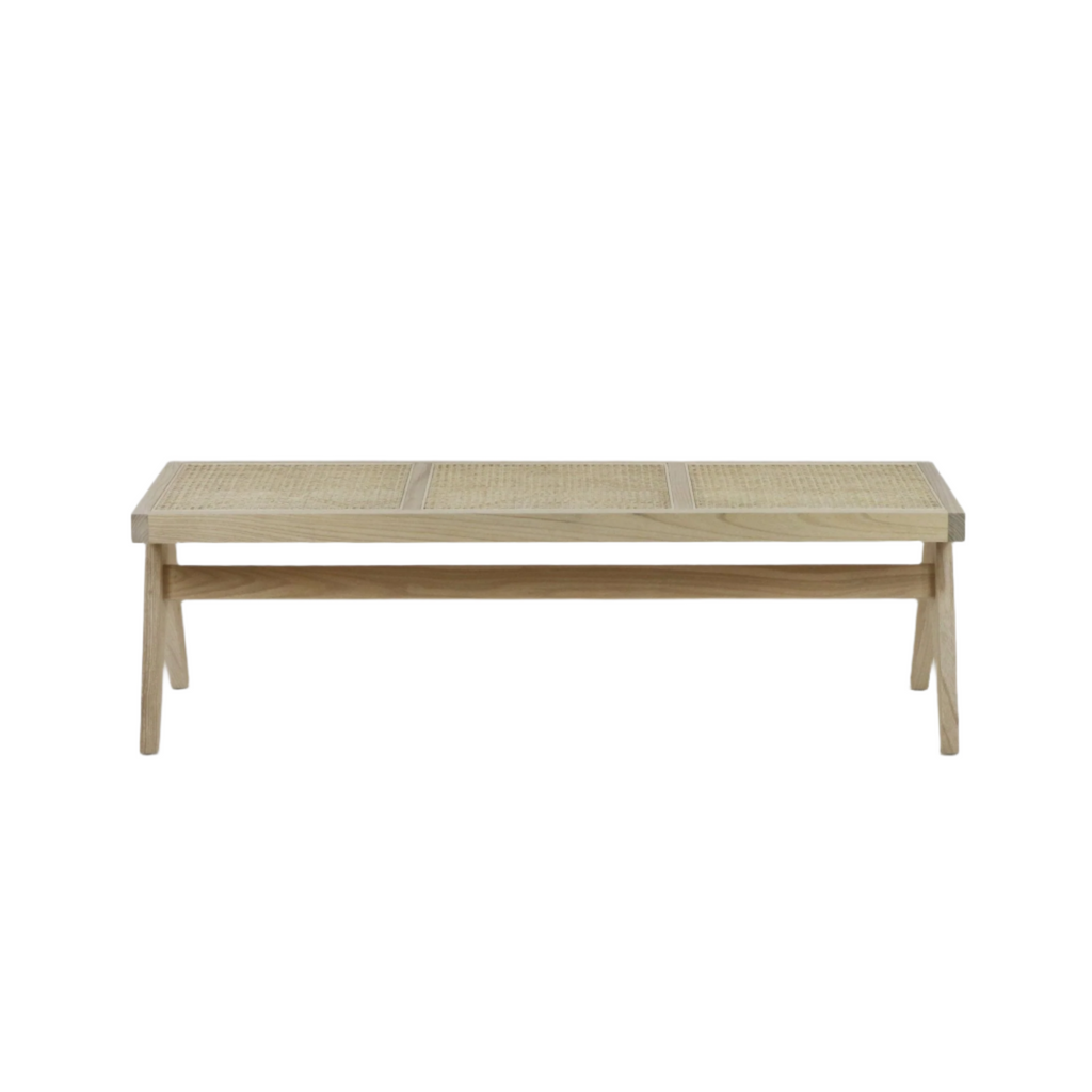 Backless bench with a natural solid wood frame and three-panel cane-woven seat, tapered legs and central stretcher for support, minimalist mid-century modern style in a light natural finish.