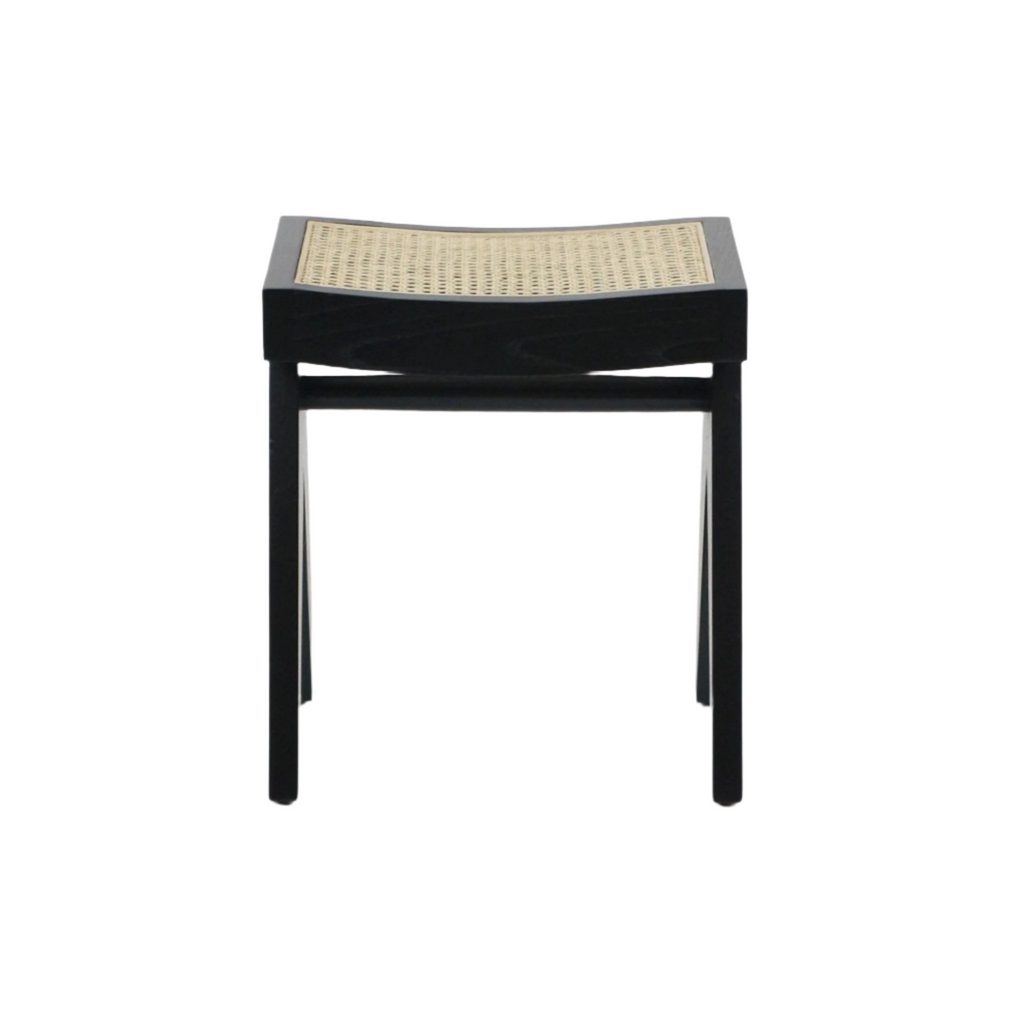 Front view of a mid-century modern footstool featuring a curved natural cane seat set into a black solid wood frame with four straight legs, low profile and armless for office or living spaces.