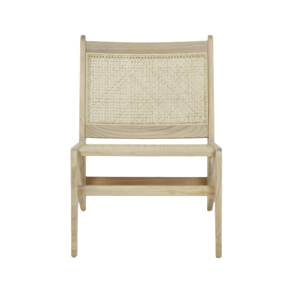 Front view of an armless modern lounge chair in natural blonde solid wood with woven cane back and seat, low-profile frame and minimalist mid-century inspired design.