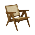 Midcentury lounge chair with natural rattan cane back and seat set in a solid wood frame with warm teak finish, angular legs and wide flat armrests for a low-profile living room or office accent.