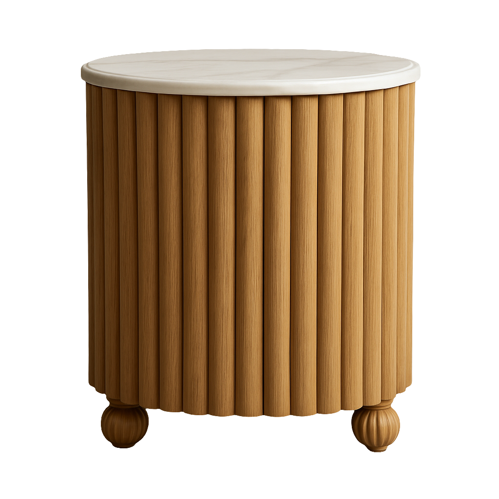 Round fluted oak nightstand with a white marble top and turned round feet in a natural oak finish.
