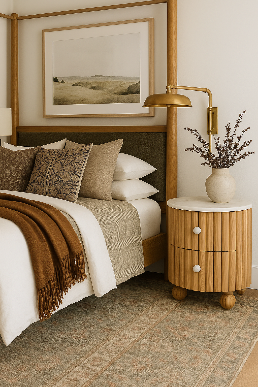 Round fluted oak nightstand with a white marble top, two drawers with round white knobs and bun feet, styled beside a natural oak bed with layered neutral bedding, brown throw, brass wall lamp and a ceramic vase of dried branches.