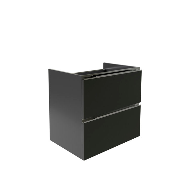 Three-quarter view of a modern stone-color solid wood bathroom vanity cabinet with two large recessed-handle drawers, shown without countertop or sink on a white background.