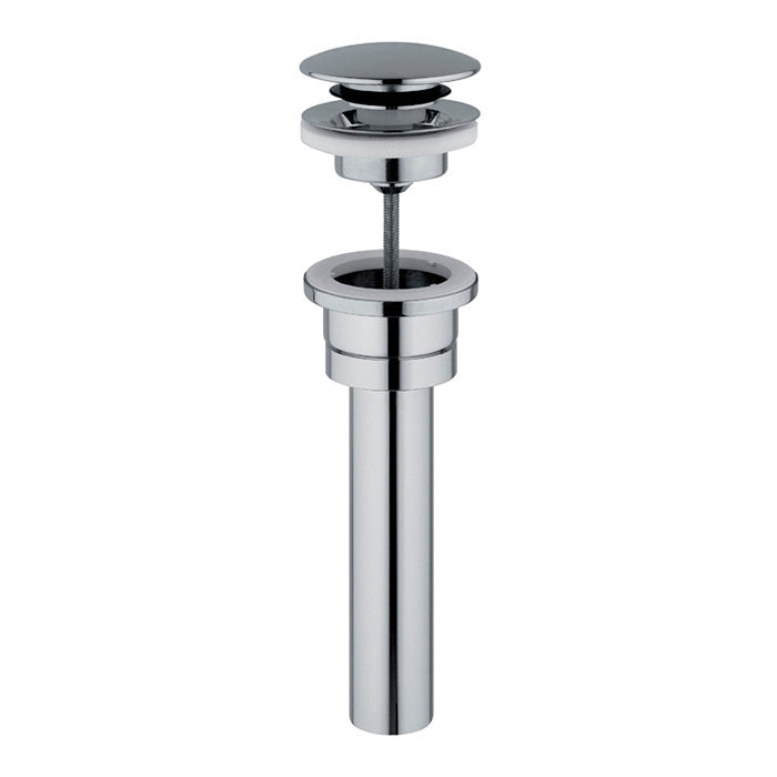 Polished chrome pop-up sink drain assembly with round push-button stopper, rubber gasket, threaded shaft and straight tailpiece shown disassembled against a white background.