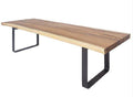 Modern rectangular dining table with a thick natural solid-wood live-edge tabletop in warm brown tones and black metal U-shaped legs, photographed on a white background.