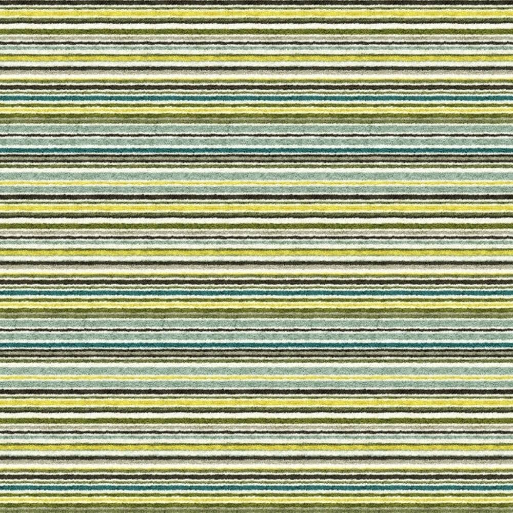 Close-up of contemporary striped upholstery fabric with narrow horizontal stripes in green, yellow, teal, gray and white on a 90% viscose blend, showing a textured, durable weave suited for sofas and heavy-duty indoor use.