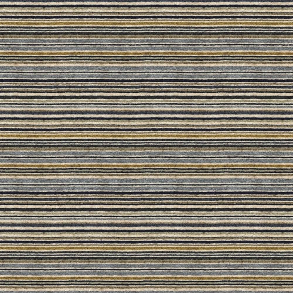 Close-up of contemporary stripe upholstery fabric with narrow horizontal stripes in gray, navy, beige and mustard yellow on a woven 90% viscose, 1.5% acrylic, 8.5% polyester blend.