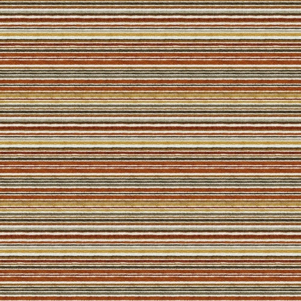 Close-up of striped upholstery fabric in rust, brown, beige and mustard yellow showing fine horizontal stripes and a soft 90% viscose-blend texture, ideal for contemporary sofa upholstery.
