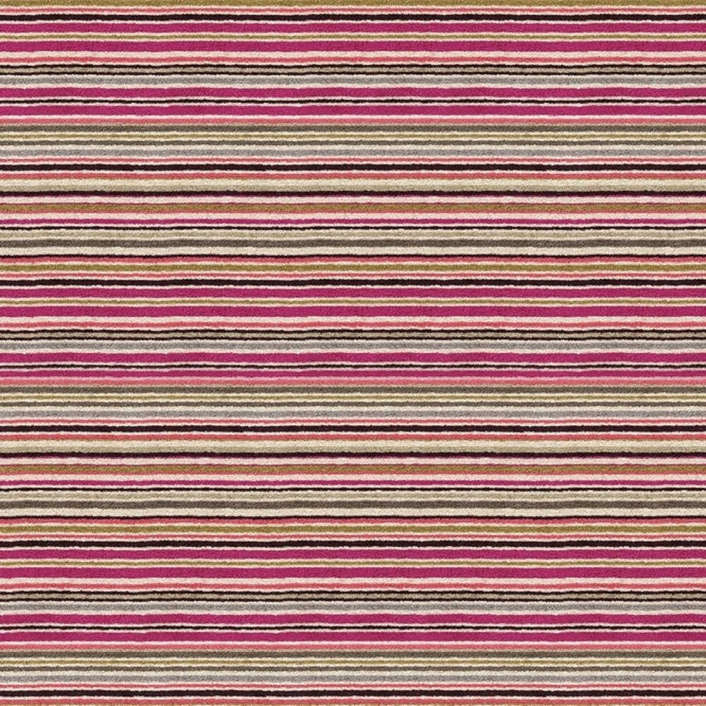 Close-up of contemporary striped upholstery fabric with narrow horizontal bands in vibrant pink, beige, olive and black; soft viscose-blend texture suitable for sofas.
