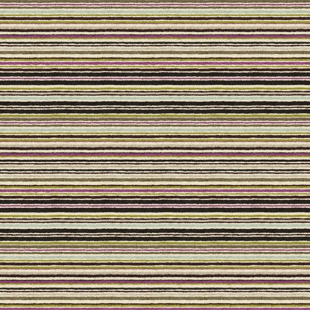 Close-up of contemporary viscose-blend upholstery fabric showing horizontal multicolor stripes in cream, olive green, yellow, purple and dark brown with varied thin and thick stripe bands for sofa use.