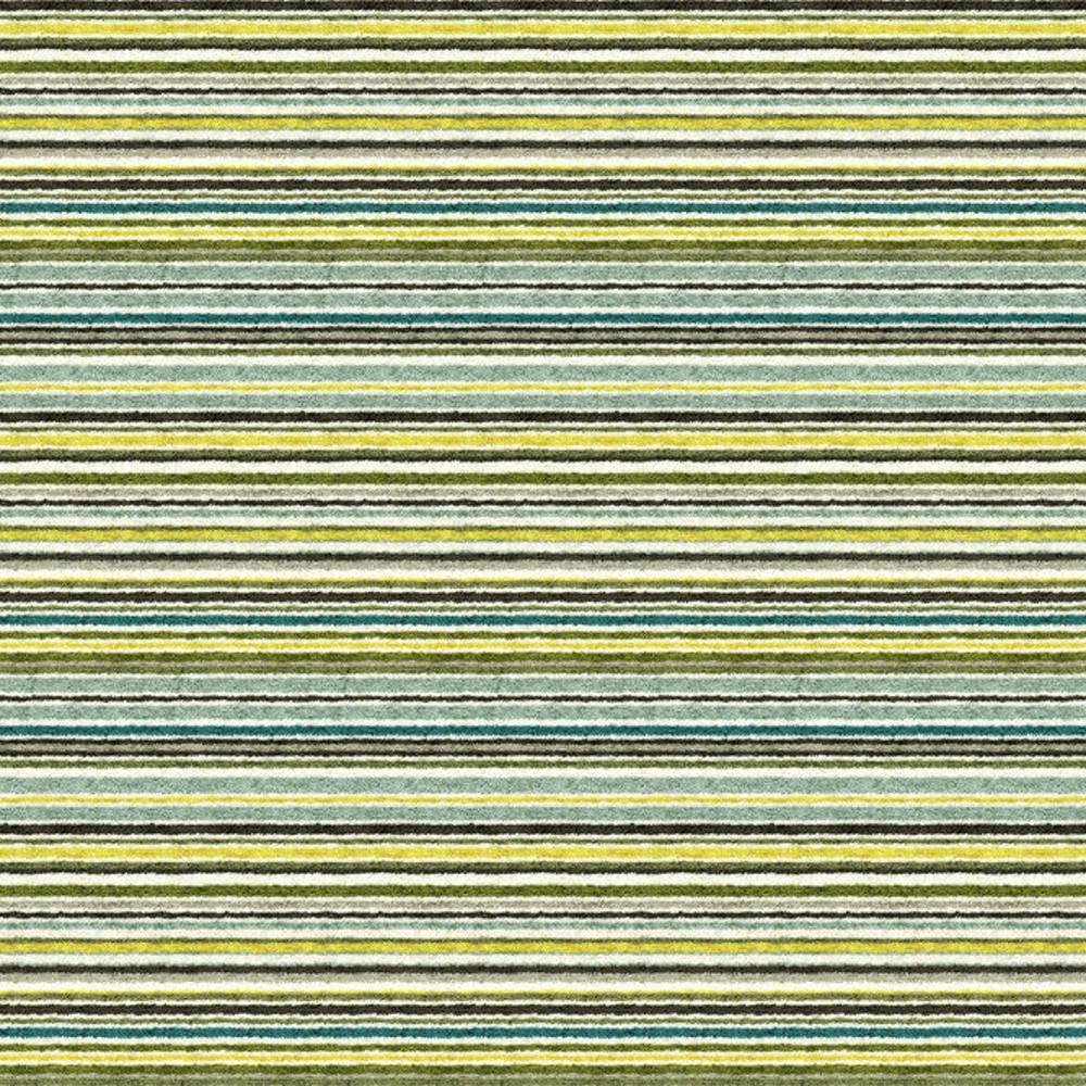 Close-up of contemporary striped upholstery fabric with narrow horizontal stripes in green, yellow, teal, gray and white on a 90% viscose blend, showing a textured, durable weave suited for sofas and heavy-duty indoor use.