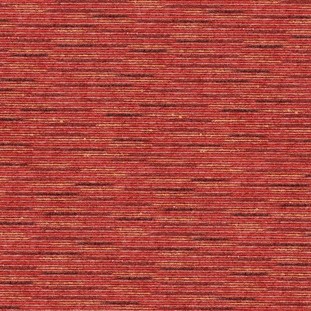 Close-up of red viscose-blend upholstery fabric with fine horizontal slub stripes in orange and deep-red tones, showing a textured contemporary weave suitable for sofas.