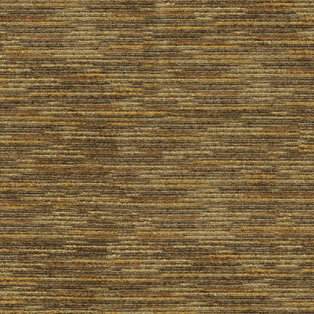 Close-up of textured viscose-blend upholstery fabric in brown, gray and golden tones with subtle horizontal stripe pattern, shown for contemporary sofa use.