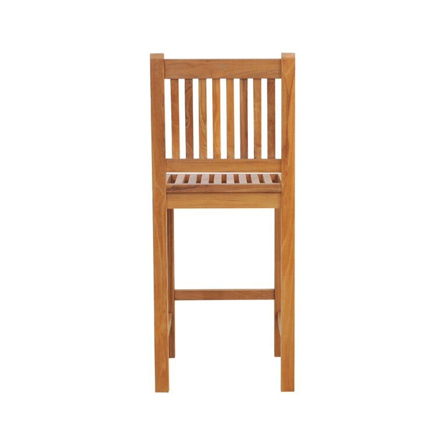 Front view of an armless teak outdoor bar stool with vertical slatted back and slatted seat in a natural teak finish, square legs and a lower footrest for coastal-contemporary patio seating.