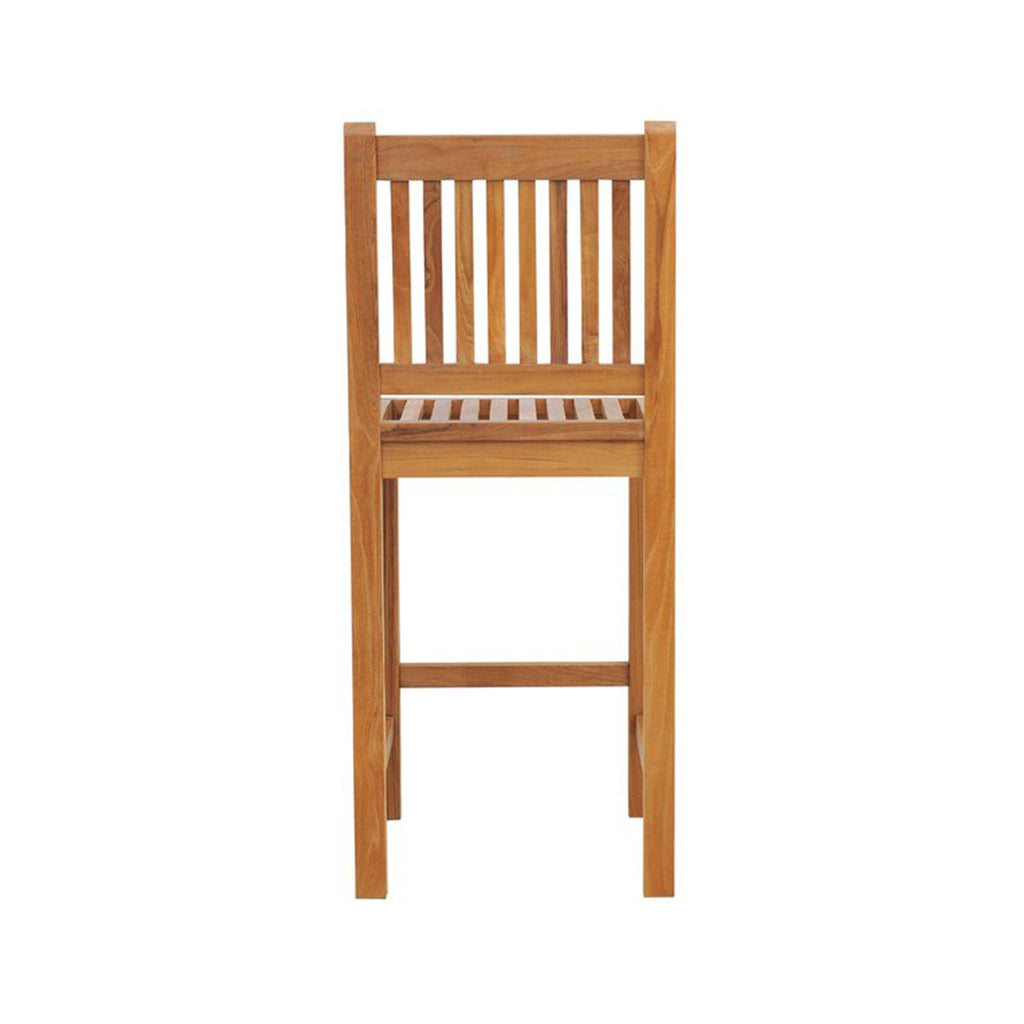 Front view of an armless teak outdoor bar stool with vertical slatted back and slatted seat in a natural teak finish, square legs and a lower footrest for coastal-contemporary patio seating.
