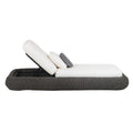 Side view of a poolside chaise lounger with a taupe rope-woven frame, white fabric cushions and an adjustable metal reclining backrest, shown with layered white pillows and a small round gray accent pillow.