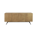Mid-century modern teak sideboard with vertical ribbed front and subtle wave pattern, finished in warm natural teak and supported on slender black iron angled legs.