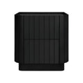 Modern black solid wood nightstand with vertical slatted drawer fronts, rounded side panels, a low recessed base and a raised tray-style top; two concealed drawers for bedside storage.