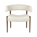 Cream alpaca bouclé upholstered dining chair with a curved open-back ring backrest, cushioned seat and four tapered natural wood legs in a modern mid-century style.