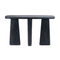 Minimalist black solid wood console table with a rounded rectangular top supported by two wide tapered outer legs and a central cylindrical leg, shown on a white background.