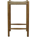 Front view of a modern natural solid wood bar stool with a woven beige rope seat, backless frame and two rounded horizontal footrest rails.