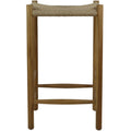 Front view of a modern natural solid wood bar stool with a woven beige rope seat, backless frame and two rounded horizontal footrest rails.