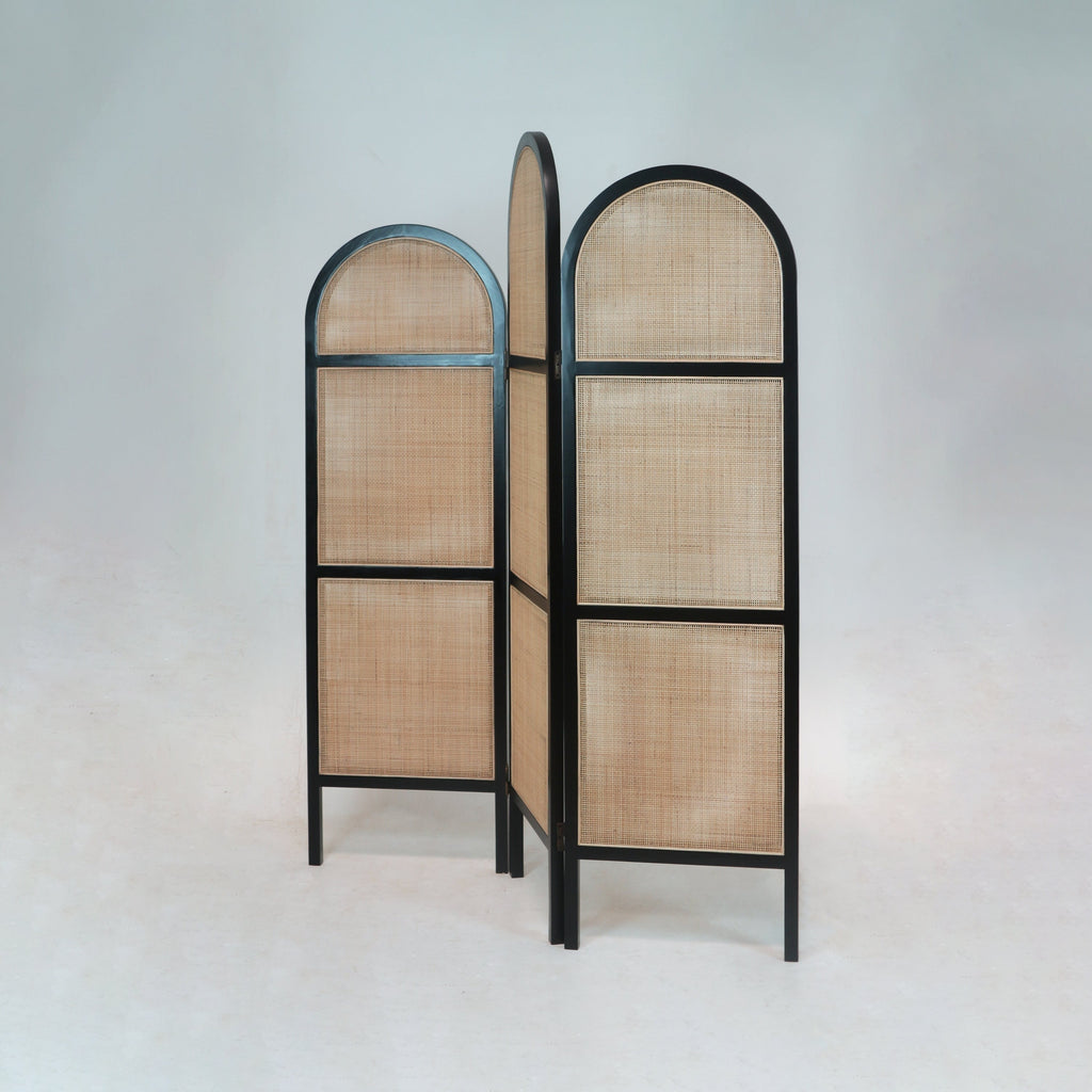 Solid Wood and Rattan Room Divider in Black Gloss - NUEMA