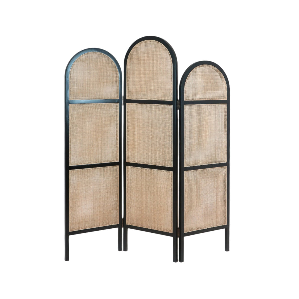 Solid Wood and Rattan Room Divider in Black Gloss - NUEMA